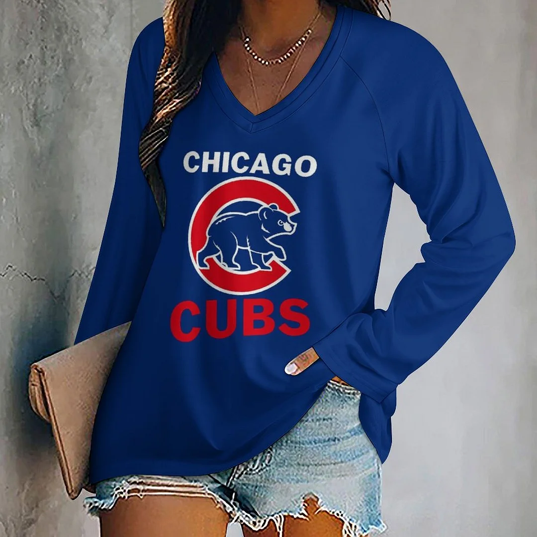 V-neck Long Sleeve Casual T-shirt for  Women and Men Printed with Pattern,Blue,Red