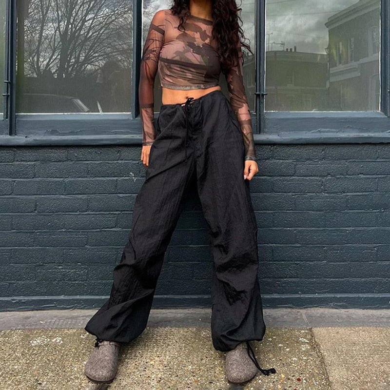 Sweetown Drawstring Low Waist Baggy Sweatpants Casual Loose Hippie Korean Trousers Women Vintage 90s Streetwear Joggers Pants