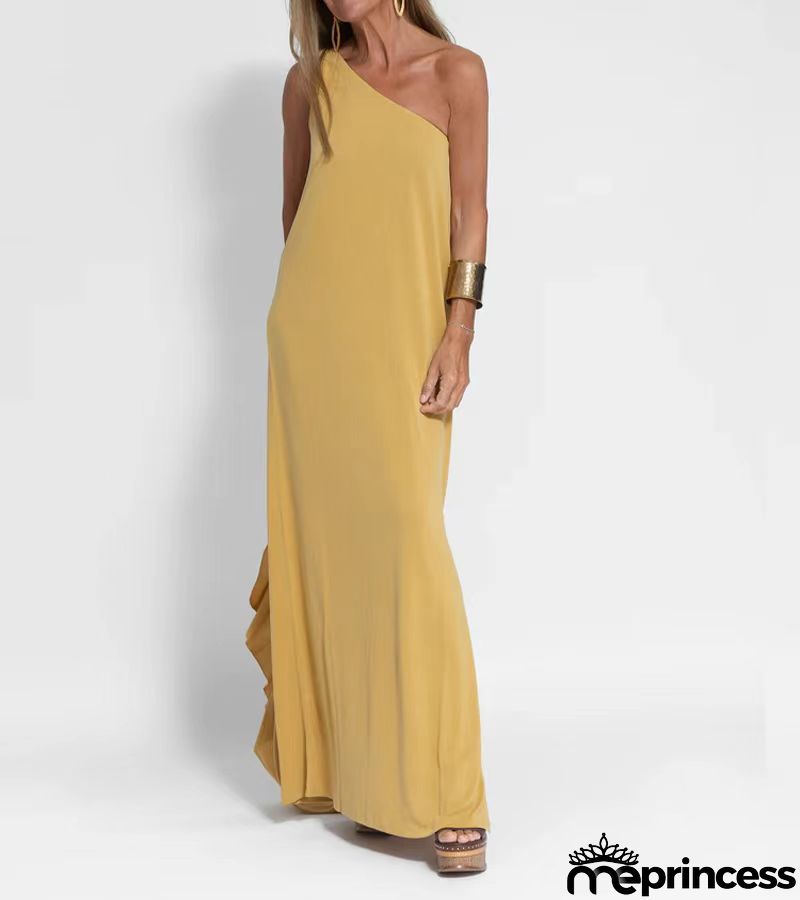 Women Casual Fashion Summer Vacation Slanted Shoulder Solid Color Loose Maxi Dress