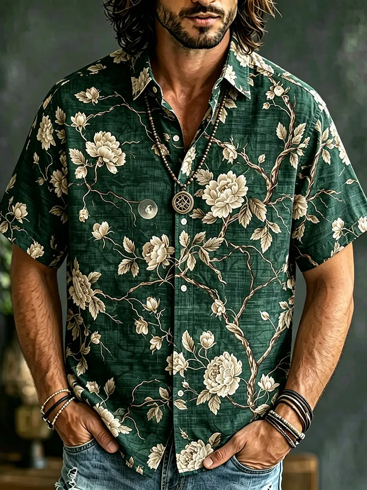 Men's Vintage Green Peony Floral Linen Short Sleeve Button Down Shirt, Boho Retro Casual Pocket Shirts
