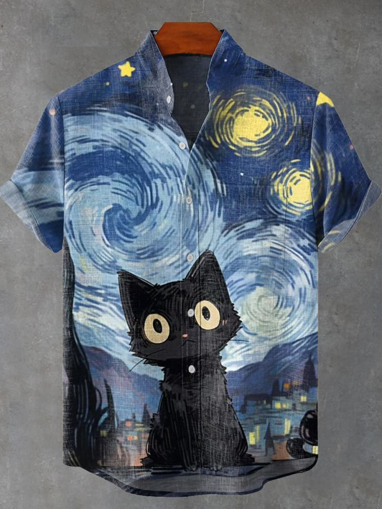 Men's abstract starry sky and kitten casual vacation cartoon print shirt PLUSCLOTHESMAN