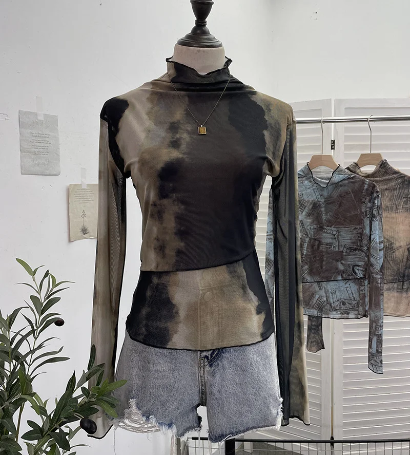 Nigikala Nigikala Shooting Denim Pattern Dye Printing Retro Babes Thin Mesh T-Shirt High-Necked Long Sleeve Bottom Shirt Top 9950
