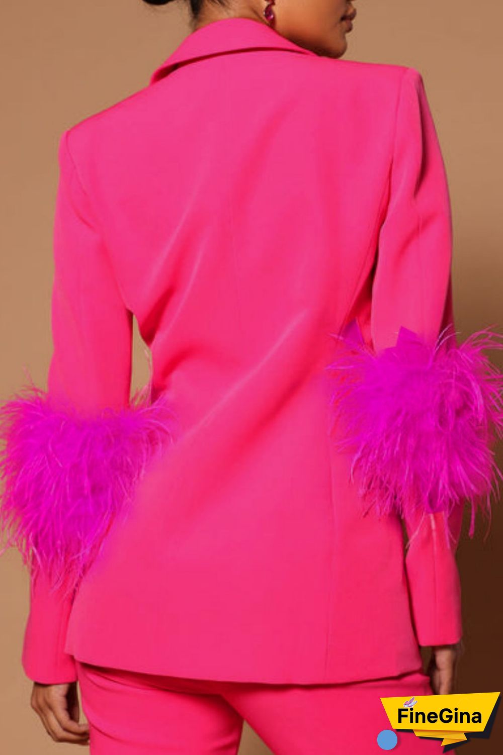 Rose Red Casual Print Patchwork Feathers Turn-back Collar Long Sleeve Two Pieces