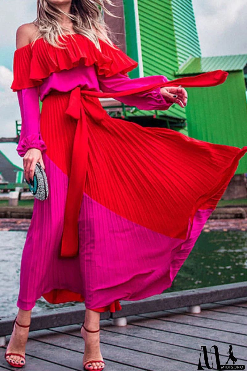 MidiSono - Fashion Street Solid Patchwork Off the Shoulder A Line Dresses