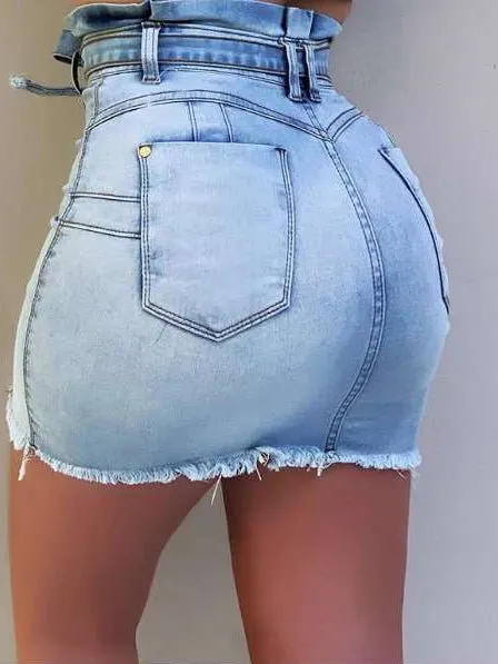 Women's Skirts High Waist Stretch Lace-Up Single-Breasted Denim Skirt
