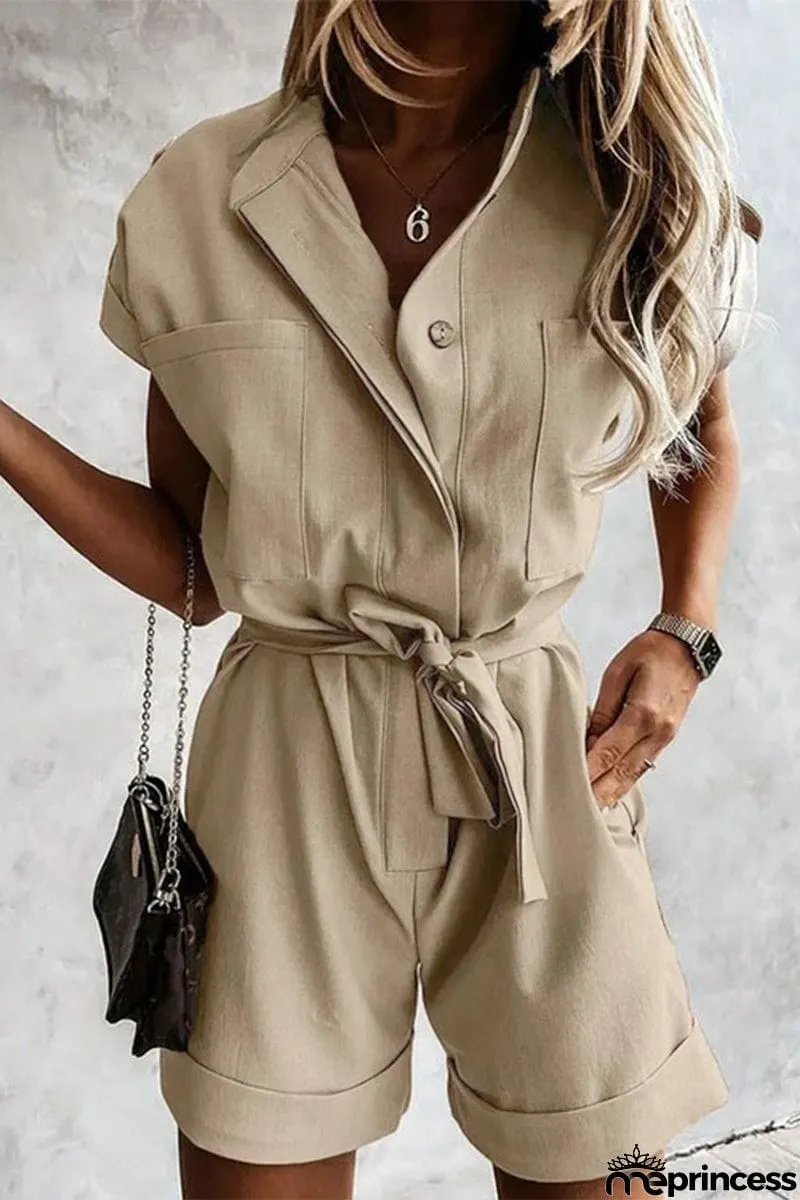 Street Solid Frenulum Turndown Collar Regular Jumpsuits