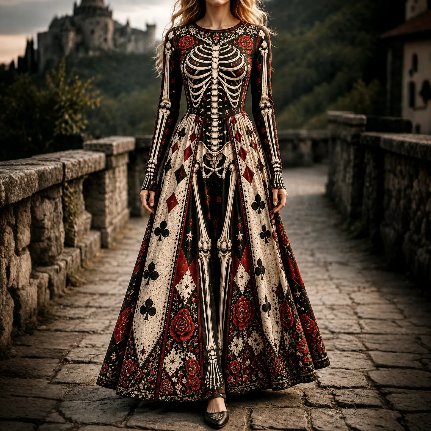 Women's Halloween Gothic Skeleton & Floral Poker Print Pattern Maxi Dress artswardrobe