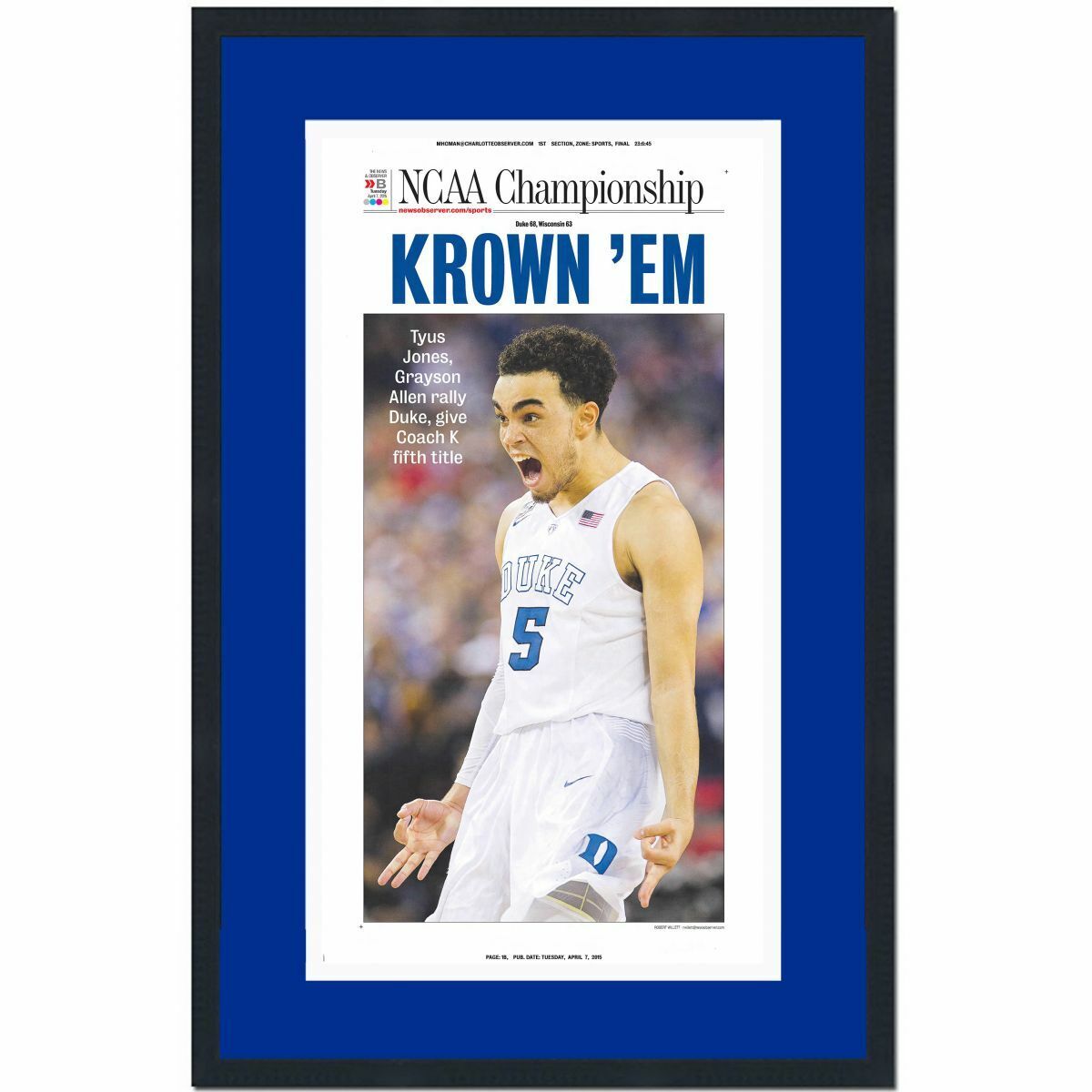 Framed News & Observer Krown Em Duke 2015 NCAA Champions Newspaper 17x27 Photo Poster painting