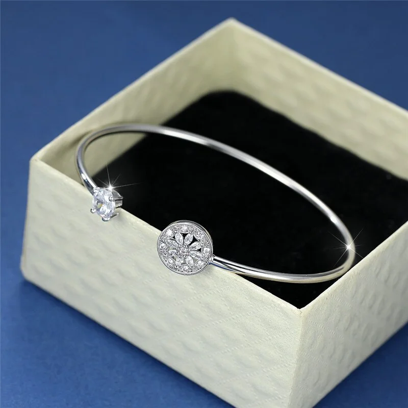 Simple Female White Round Zircon Bracelet Cute Silver Color Adjustable Bracelets For Women Charm Hollow Flower Chain Bracelet