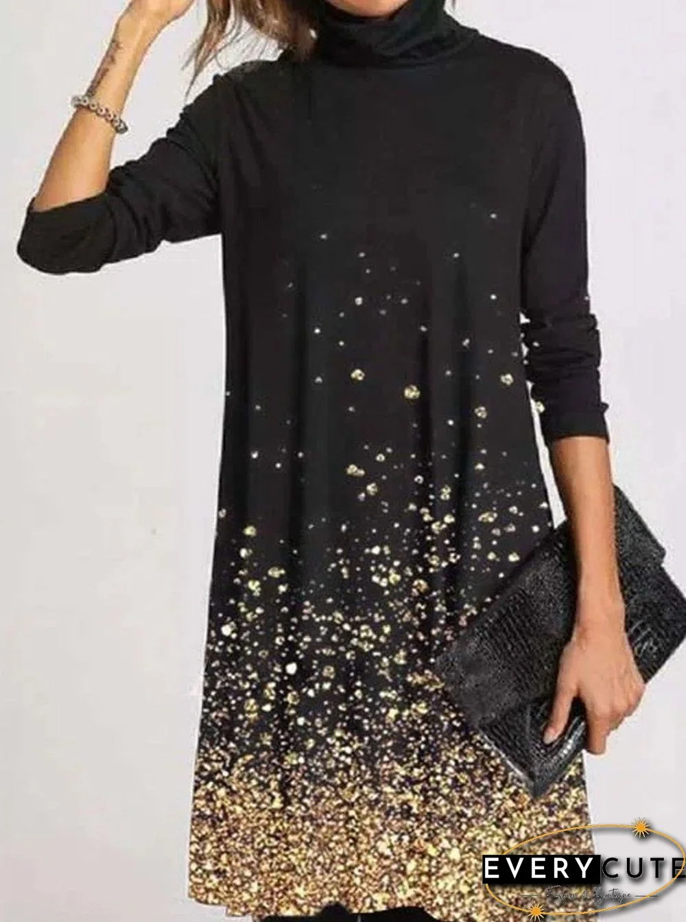 Casual Print High Neck Long Sleeves Shift Dress Black Dresses