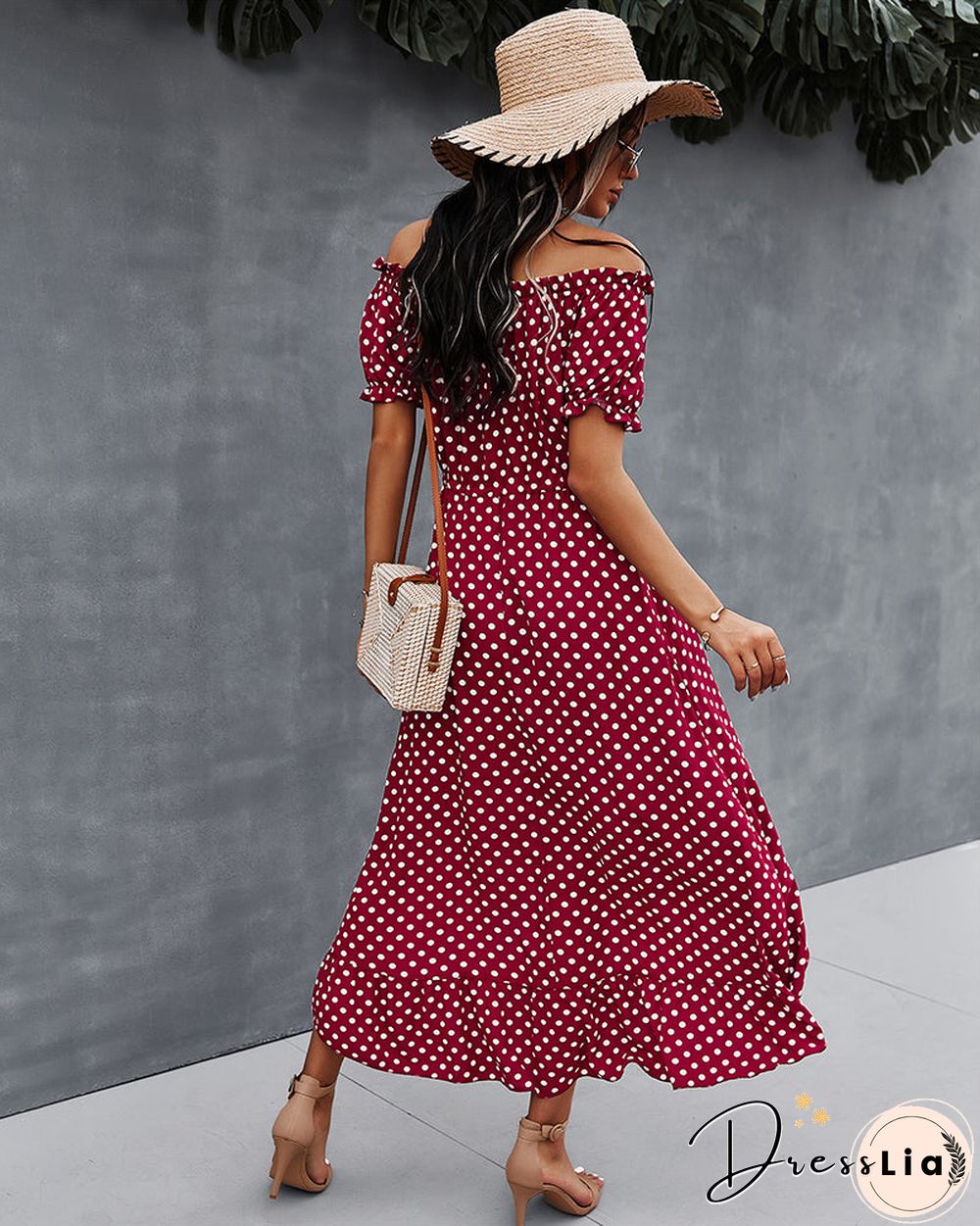 Off Shoulder Polka Dot Button Down Maxi Dress