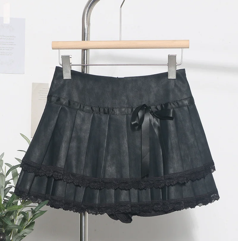 Churchf Vintage College Wind Bow Lace 100-Fold Short Skirt High Waist Anti-Walking Pu Skin Skirt 8207