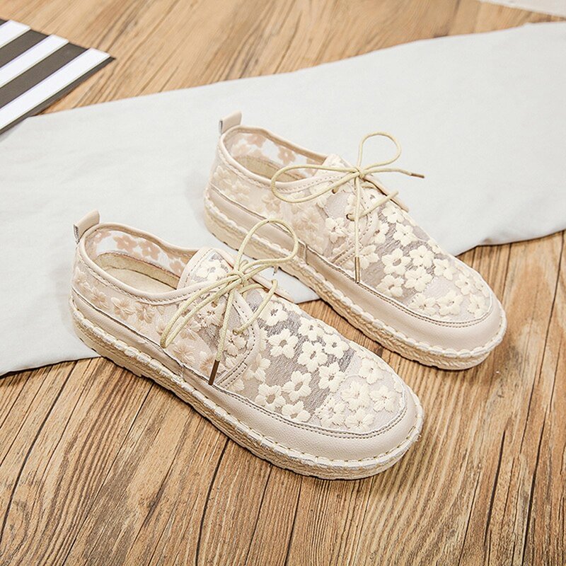 2021 Summer New Forest Art Casual White Shoes Lace Embroidery Lace Flat Female Shoes Tide 2 Colors Flats For Women Ladies Shoes