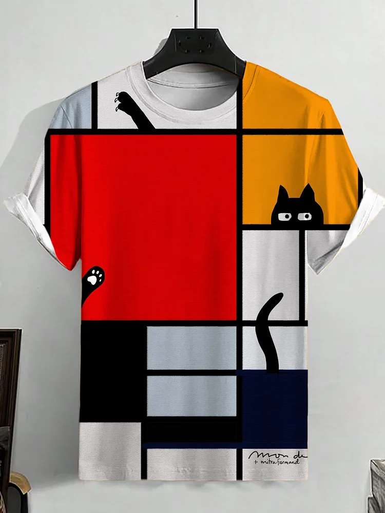 Men's Colorblock Mondrian Cat Printed Casual T-Shirt