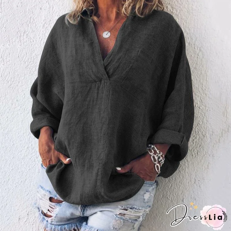 Solid Color V-neck Long-sleeved Wild Casual Shirt