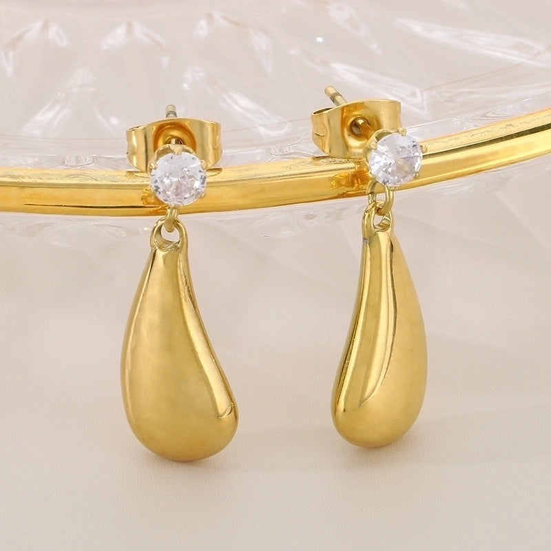 1 Pair Minimalist Water Droplets Solid Color Inlay 304 Stainless Steel Rhinestones 18K Gold Plated Ear Studs