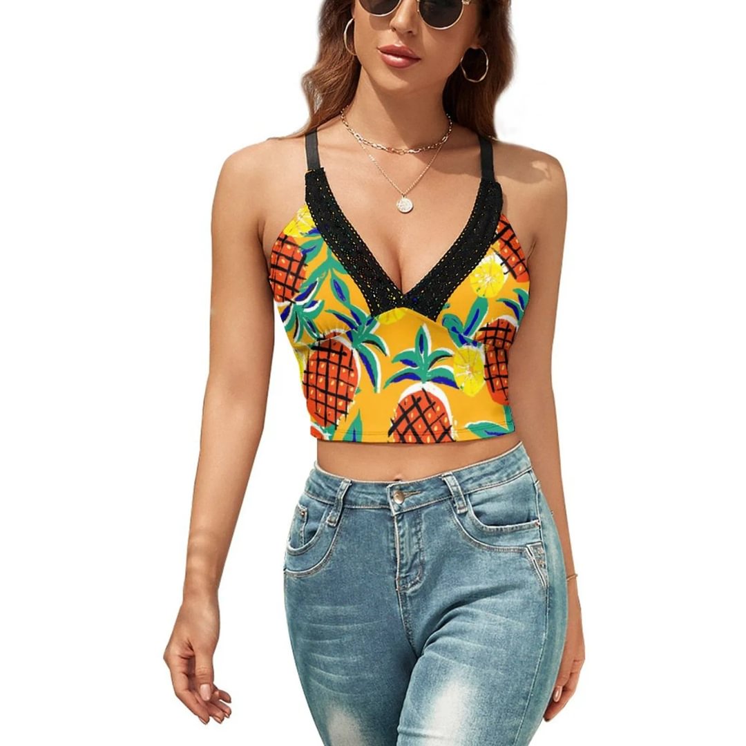 Pineapple Lace Sleeveless Vest Women's V Neck Camisole Spaghetti Strap Crop Cami Tank Tops - neewho