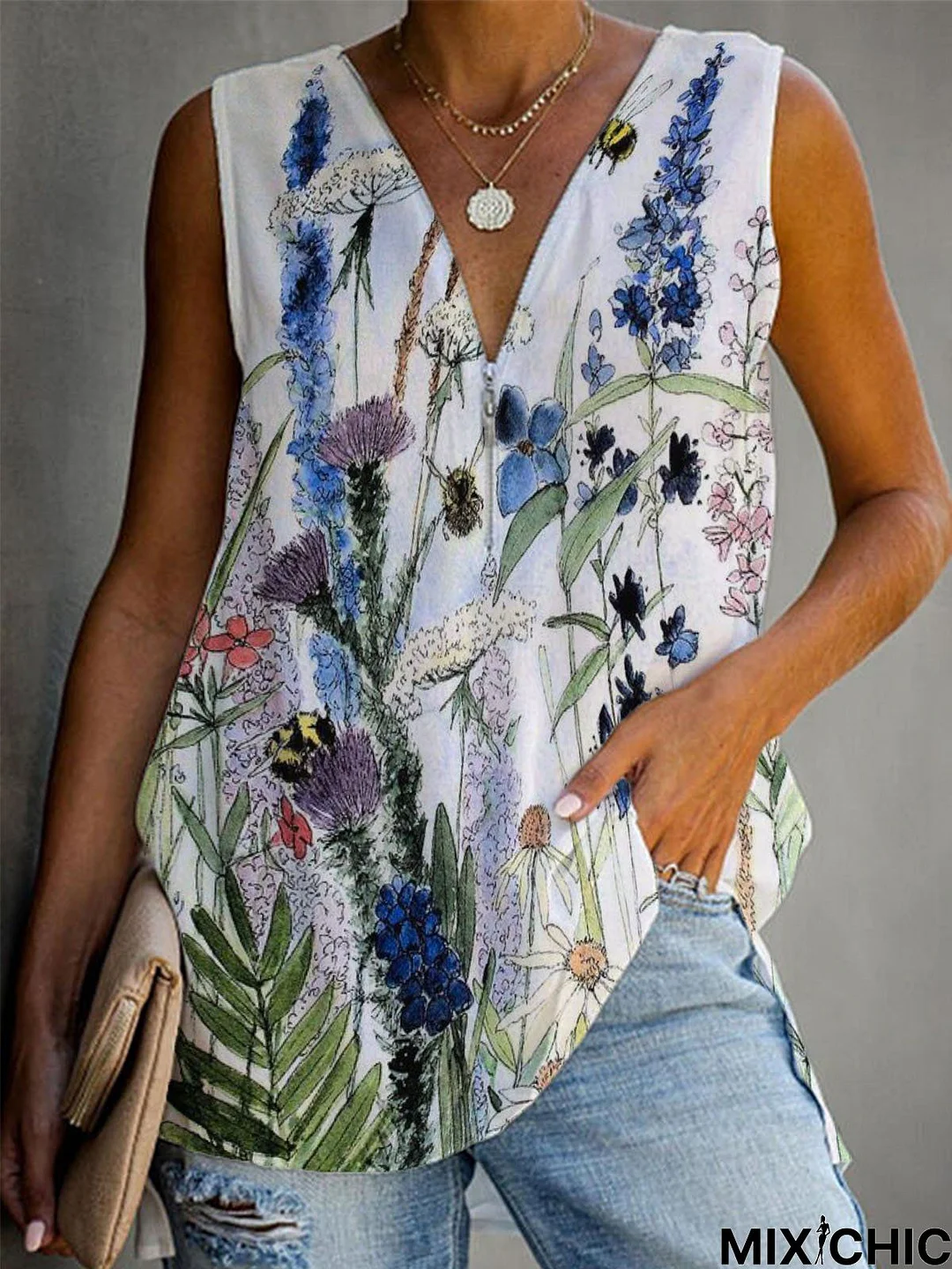 Sleeveless Printed Casual V Neck Shirts & Tops