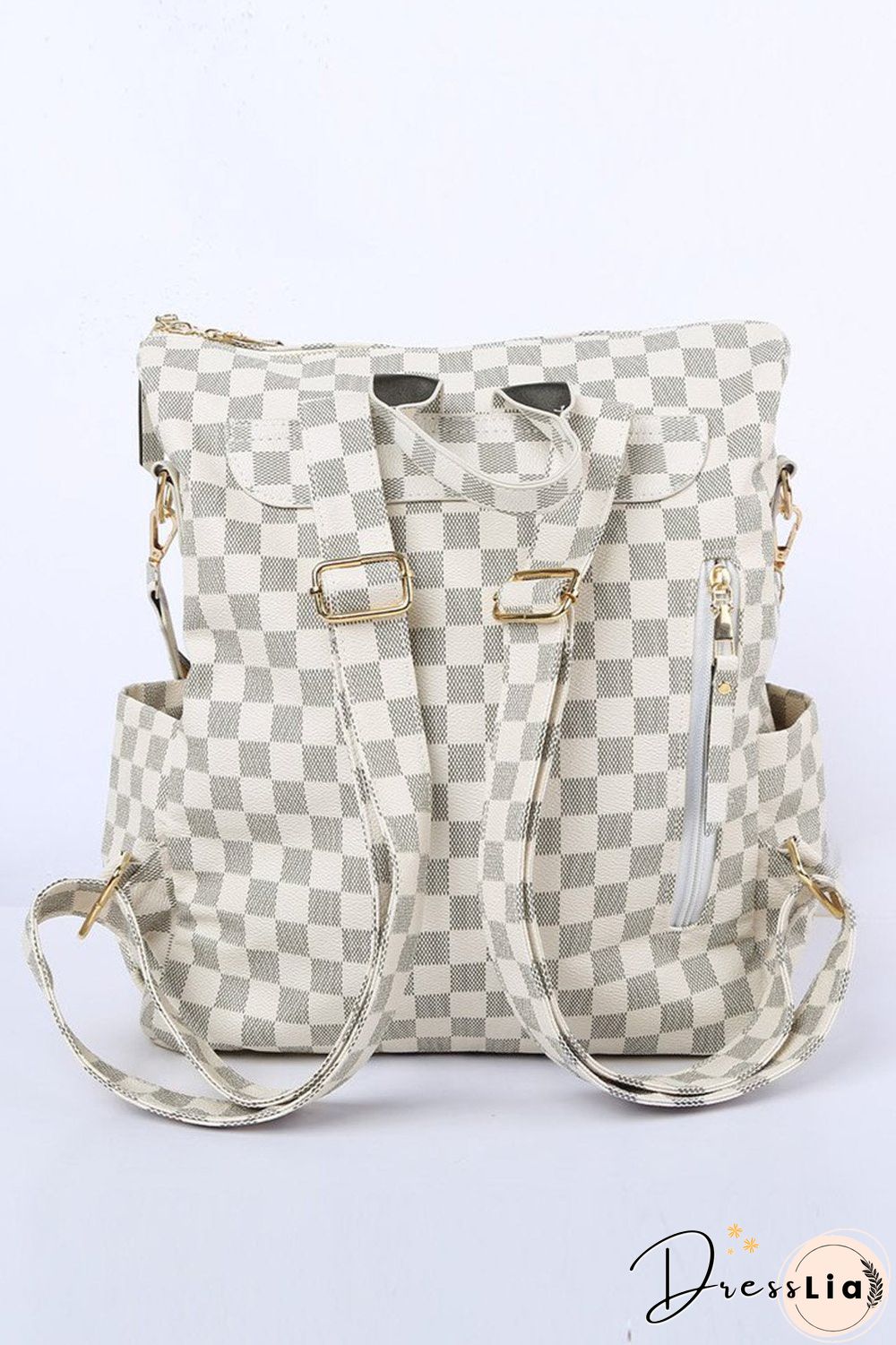 Retro Faux Leather Check Pattern Print Rucksack Vegan Backpack Tote