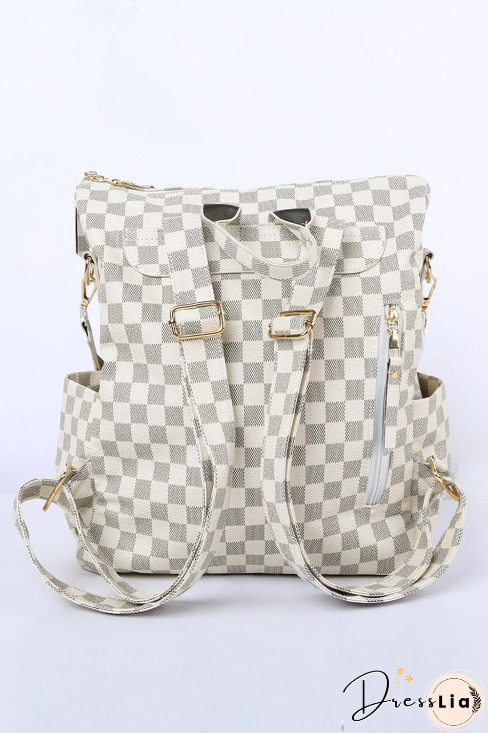 Retro Faux Leather Check Pattern Print Rucksack Vegan Backpack Tote