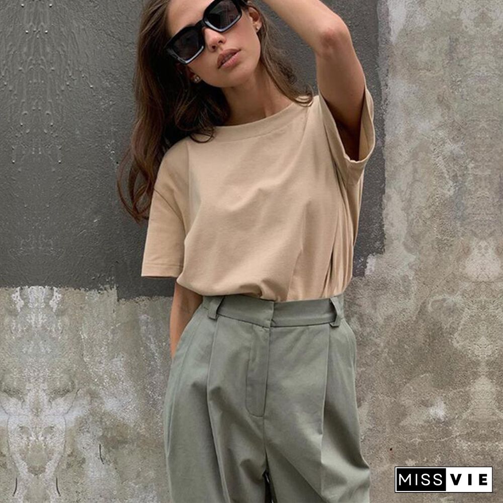 Basic Cotton T Shirt Women Summer New Solid Tees 7 Color Casual Loose Tshirt Korean O Neck Female Tops