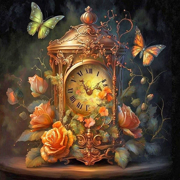 A Clock Surrounded By Flowers And Butterflies In The Dark 30*30CM(Canvas) Full Round Drill Diamond Painting gbfke