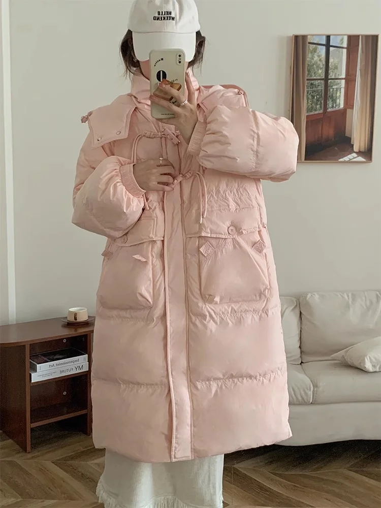 Woherb Korean Sweet Bamboo Buckle Down Jacket Female Long 2024 Winter New Hat Over The Knee Thick Warm Coat-Outfit Ideas
