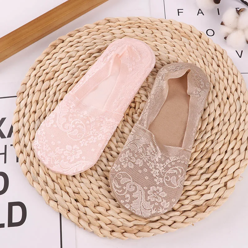 1/2 Pairs Fashion Women Girls Summer Socks Style Lace Flower No Show Short Sock Antiskid Invisible Ankle 2021 Sox Sock Slippers