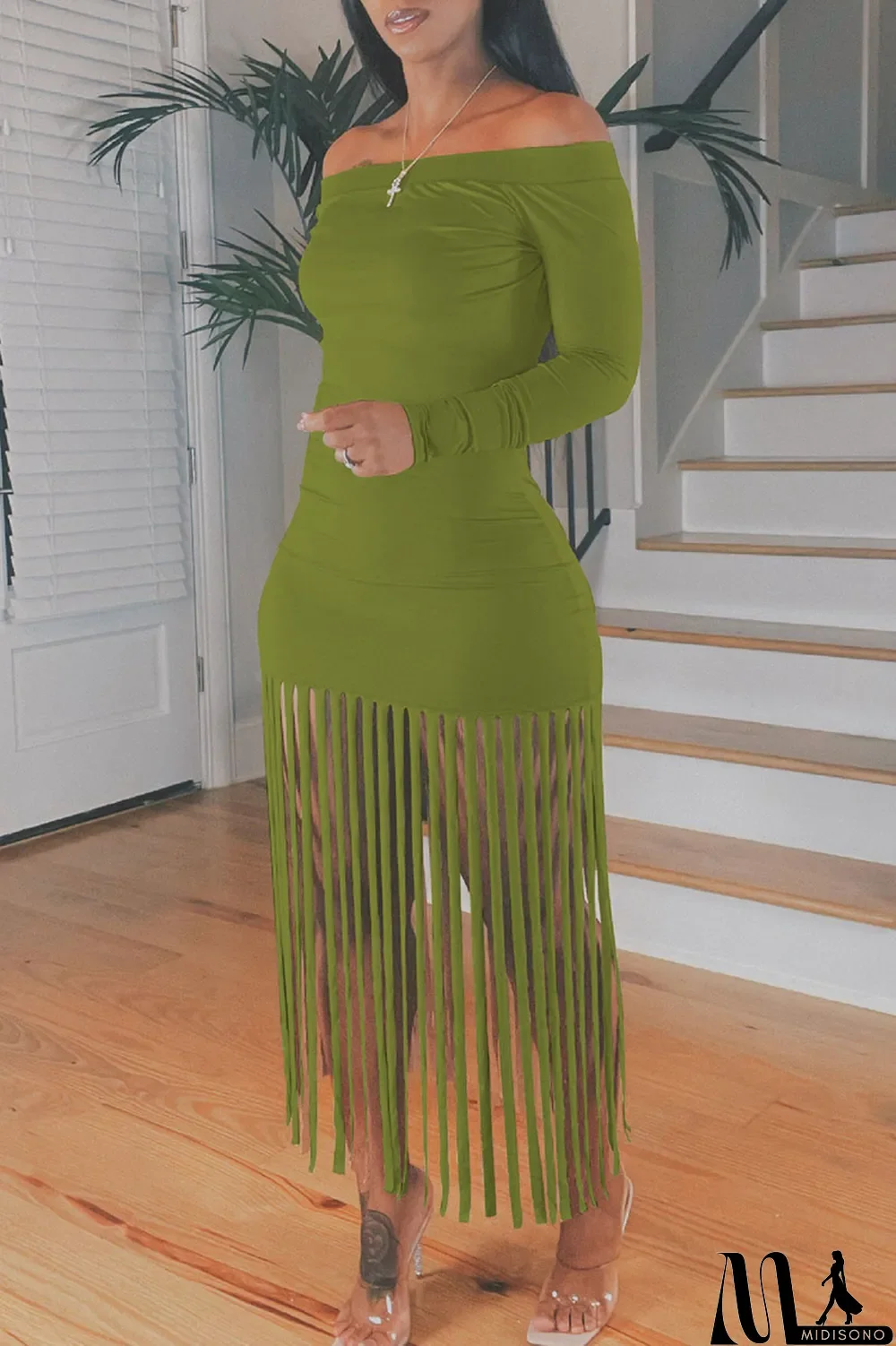 MidiSono - Green Casual Solid Tassel Split Joint Off the Shoulder A Line Dresses