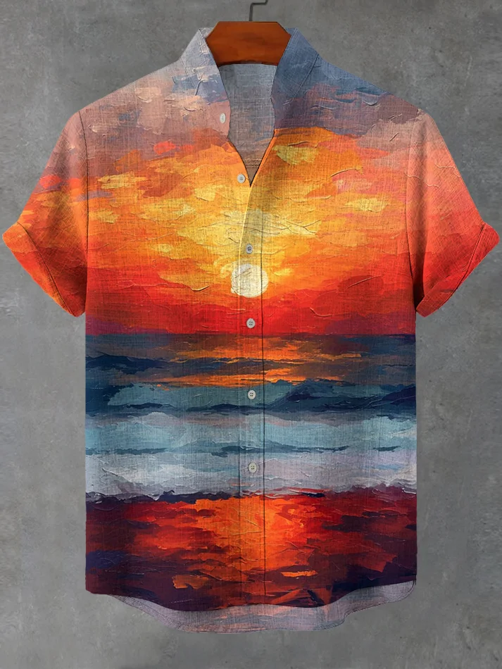 Men's Seaside Sunset Oil Painting Art Print Casual Shirt