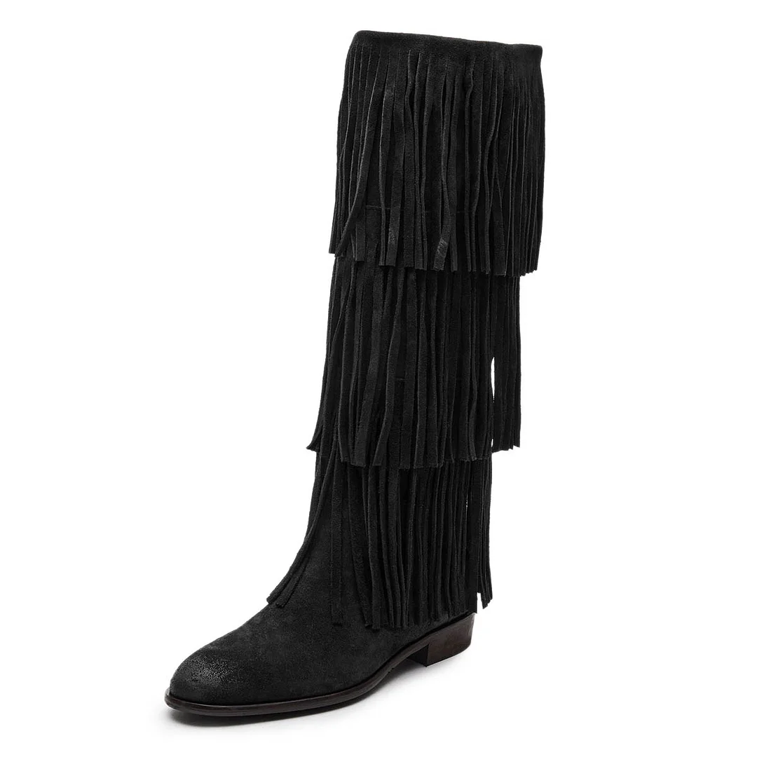 Black Fringe Vegan Suede Mid Calf Closed Toe Flat Boots for Women
