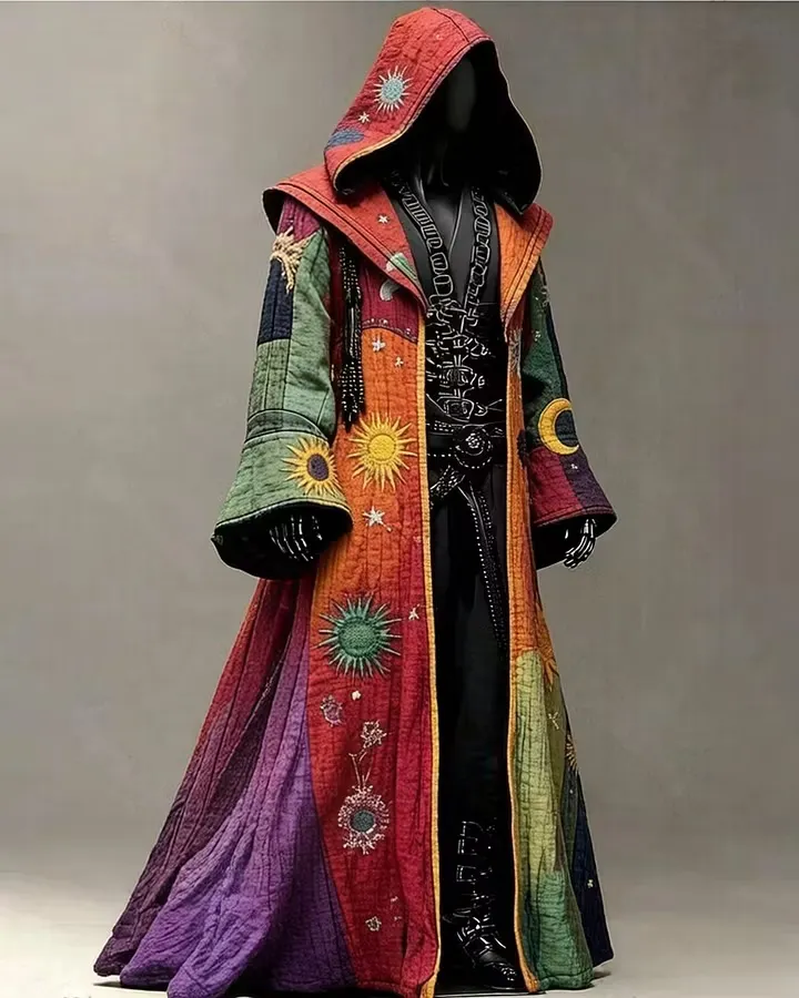 Men's Music Festival-Themed Colorful Star and Moon Embroidered Hooded Cape 4552