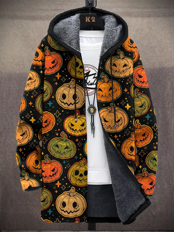Men's Fun Halloween Ghostface Pumpkin Print Fleece Lined Hooded Trench Coat
