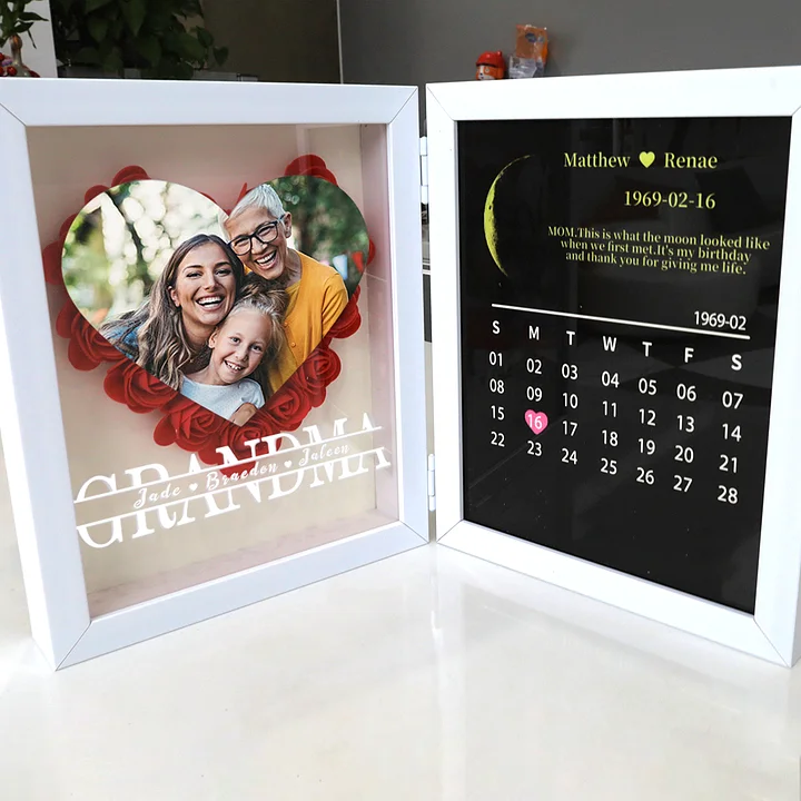 Custom Flower Frame Grandma Photo With Real Moon Phase Anniversary Calendar