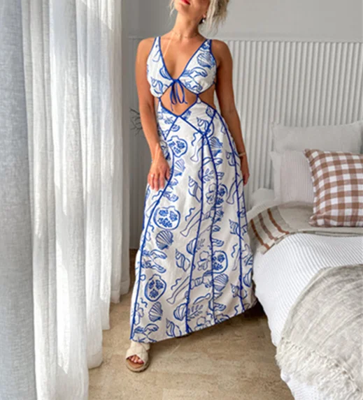 Women's Printed Hollow Maxi Dress