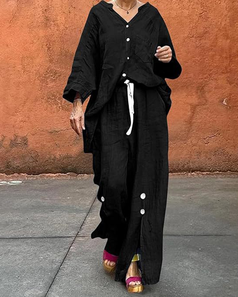 V Neck Oversized Top & Drawstring Waist Split Pants Linen Set