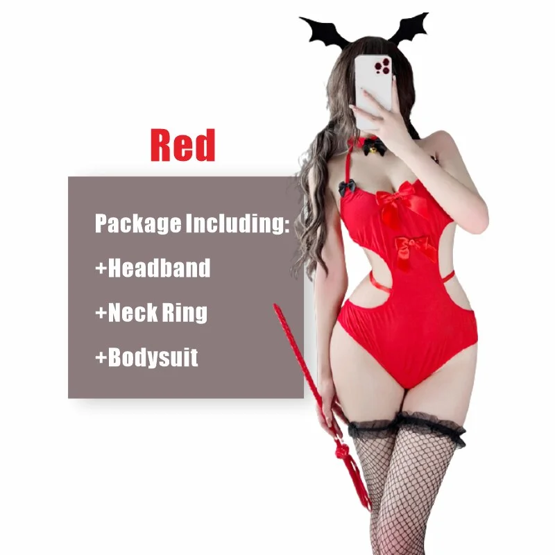 Billionm Backless Women Red Porn Bodysuit Perspective Open Crotch Cosplay Costume Bow Tempatation V Neck Off Shoulder Lingerie Skinny New