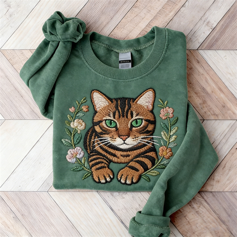 Lovely Tabby Cat Floral Art Washed Cozy Sweatshirt wearshes