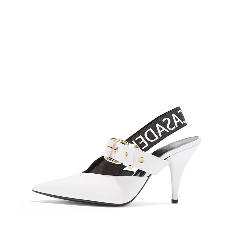 White and Black Cone Heel Pointed Toe Slingback Buckle Heels Vdcoo