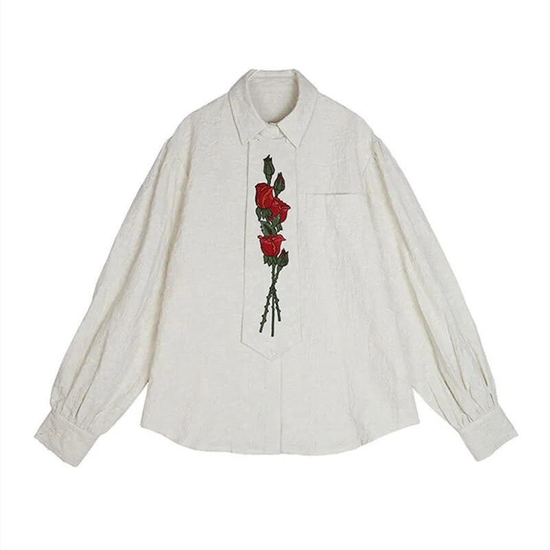 Rose Floral Embroidery Shirt Women Design Retro Lapel Long Sleeve Loose Chic Blouse Spring Shirt