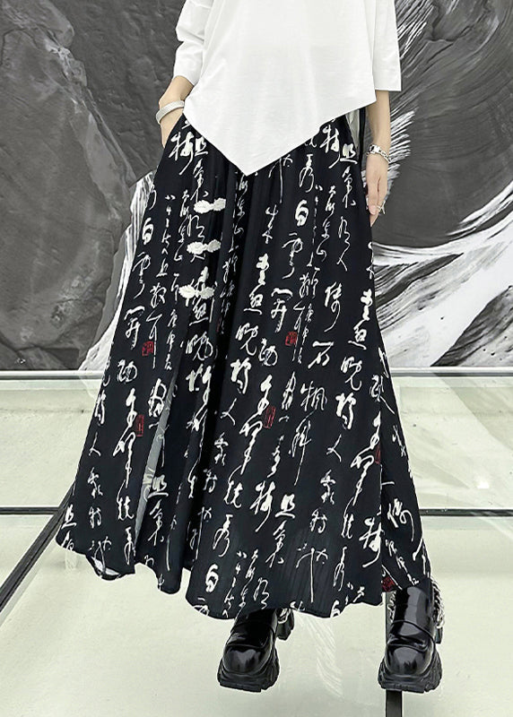 VCSHOES Black Print Side Open Wrinkled Patchwork Cotton Skirts Summer