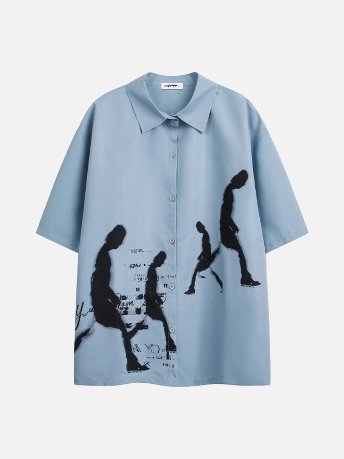Blue Act Chic Abstract Portrait Print Short Sleeve Shirt Front