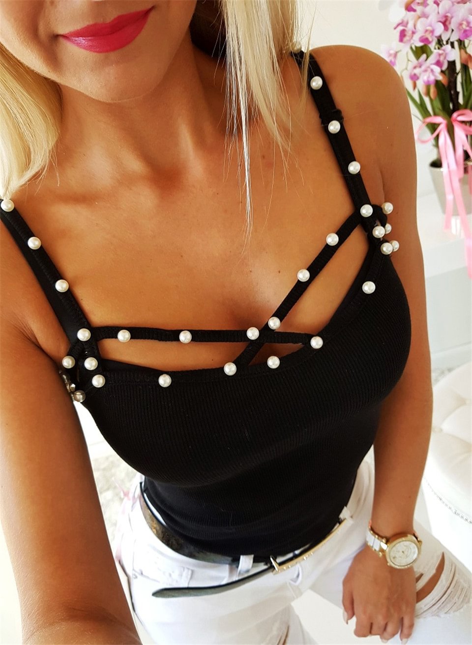 Fongt Women Fashion Top Sexy Sling Pearl Beading Camis Female Solid Color Slim Summer New Cropped Feminino Tops