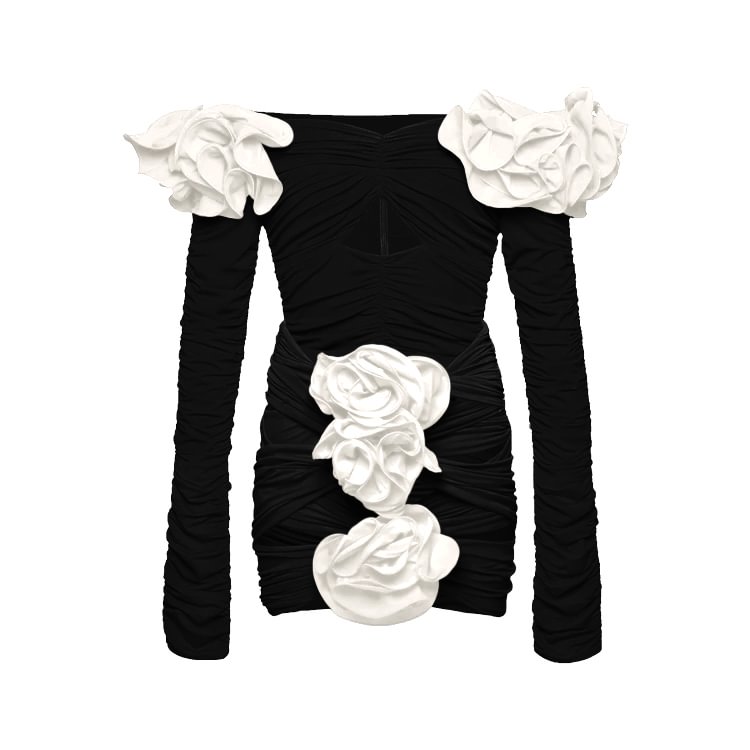 Flaxmaker Black Off Shoulder 3D Flower Long Sleeve One Piece Swimsuit and Skirt