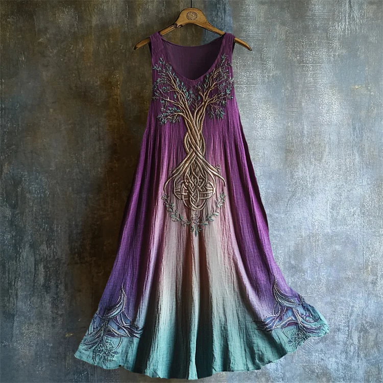 Vintage Tree Of Life Embroidered Gradient Linen Dress