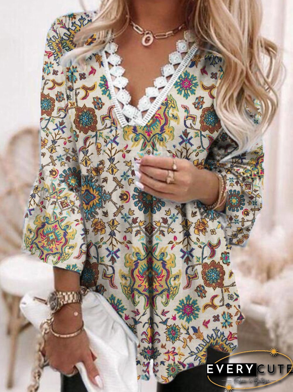 V Neck Regular Fit Paisley Tops