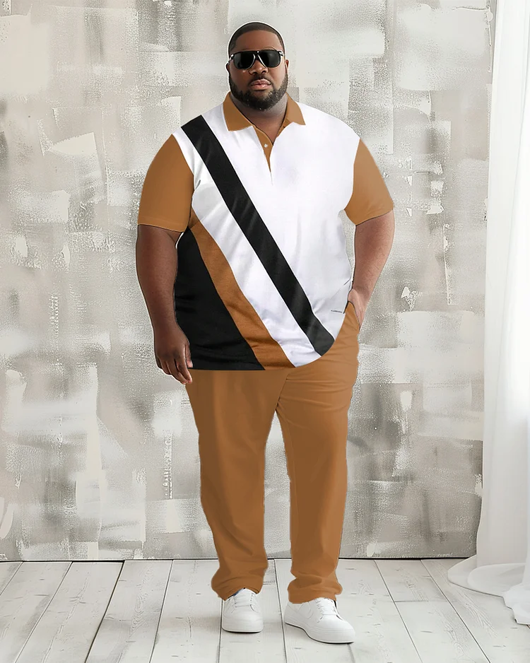 Men's Plus Size Casual Striped Polo Shirt Trousers Suit