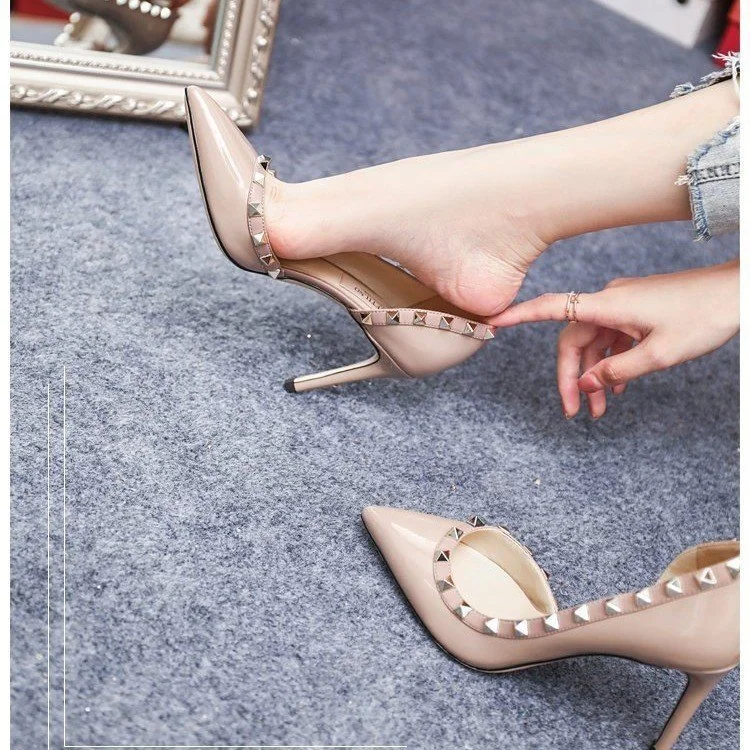 Churchf Churchf Autumn Summer New Rivets Tip Side Empty High Heels Women's 8CM Temperament Sexy Shallow Single Shoes