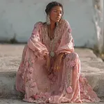 Boho Pink Flowers Glitter Lace Linen Maxi Dress - Image 2