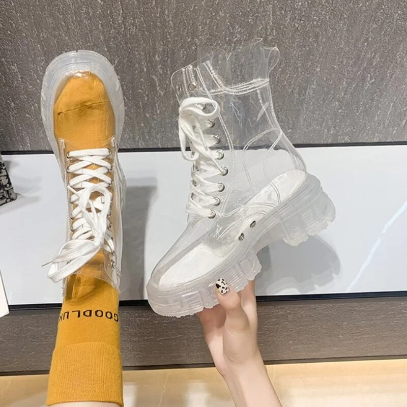 Blankf Cool Fashion Women Transparent Platform Boots Waterproof Ankle Boots Feminine Clear Heel Short Boots Sexy Female Rain Shoes